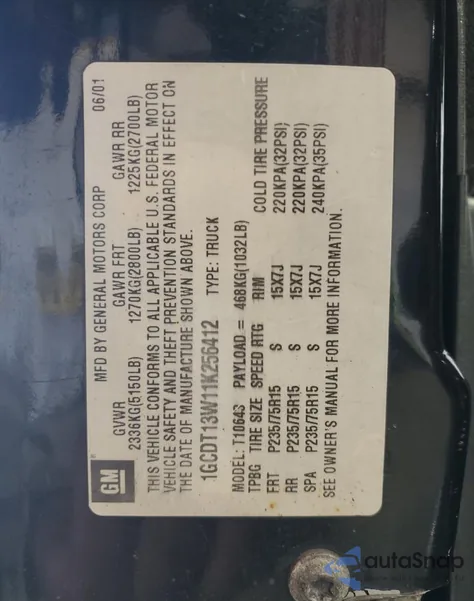 2001 Chevrolet S Truck S10 из США, поврежденный, VIN 1GCDT13W11K256412